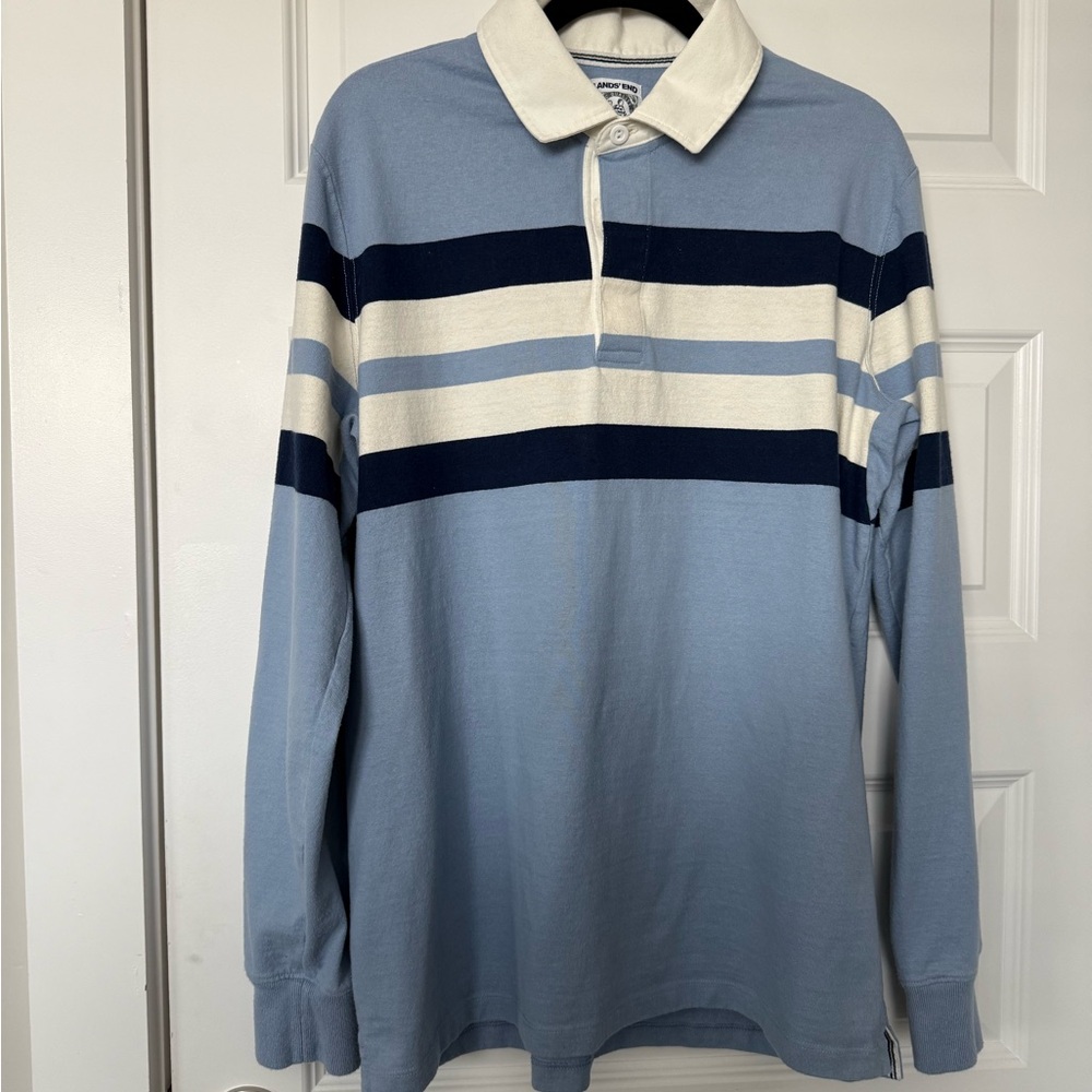 Lands' End Men's Blue Striped Rugby Shirt